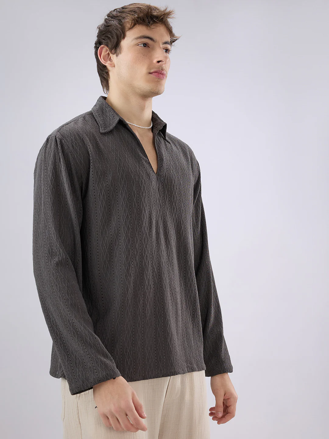 Dark Grey Textured Crochet Polo Oversized Shirt - Image 5