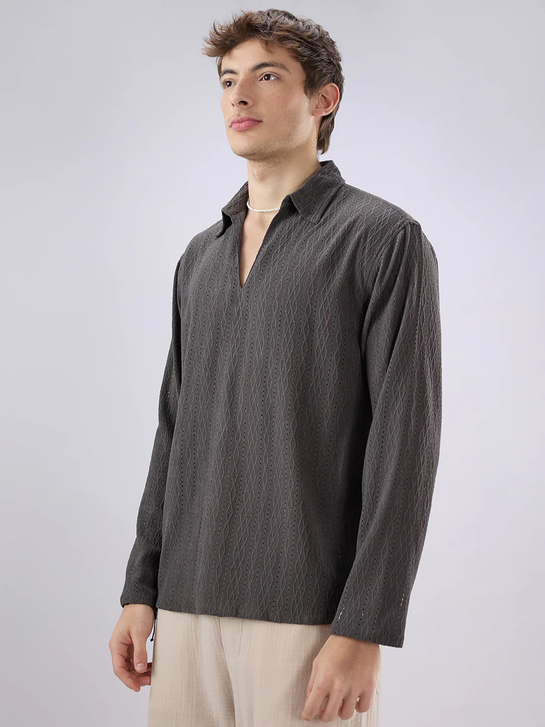 Dark Grey Textured Crochet Polo Oversized Shirt - Image 6