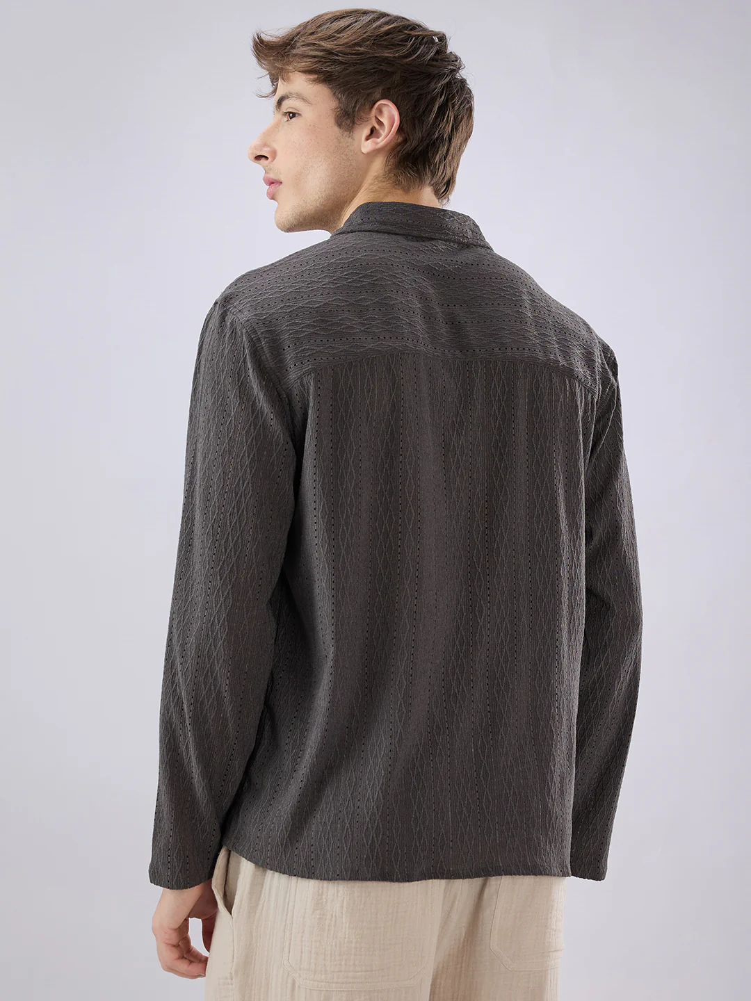 Dark Grey Textured Crochet Polo Oversized Shirt - Image 7