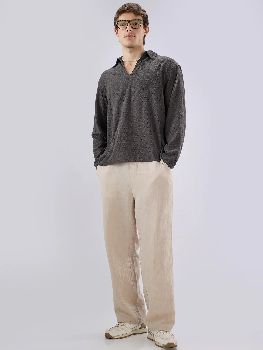 Dark Grey Textured Crochet Polo Oversized Shirt - Image 8