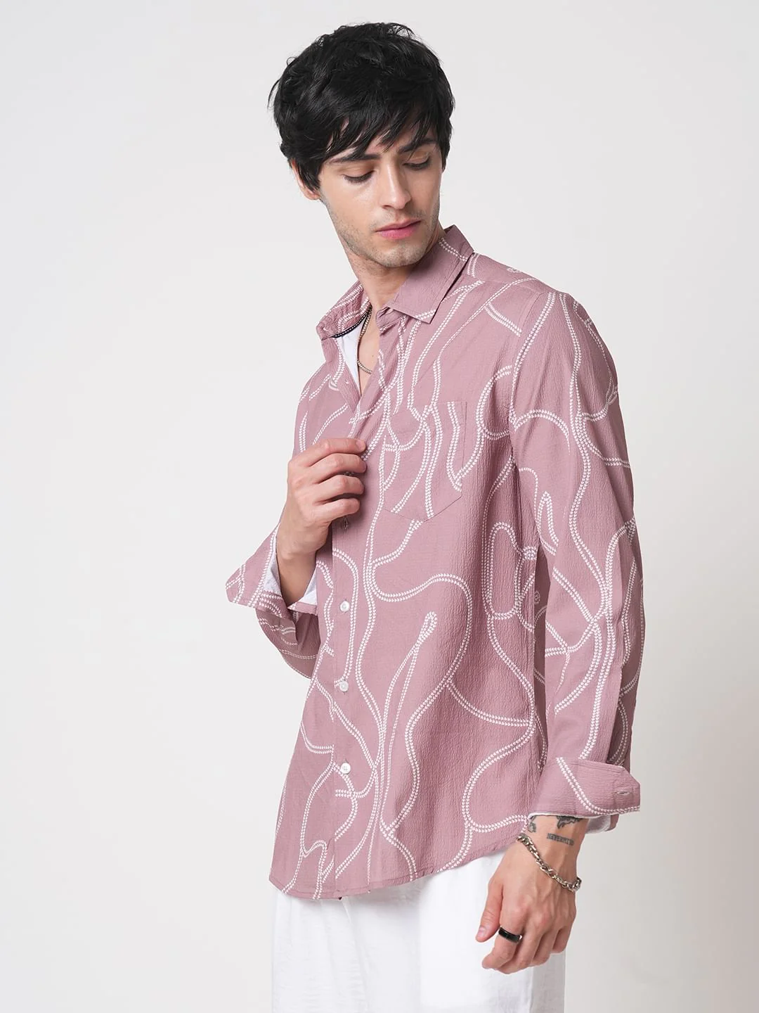 Dark Peach Printed Creased Shirt - Image 5