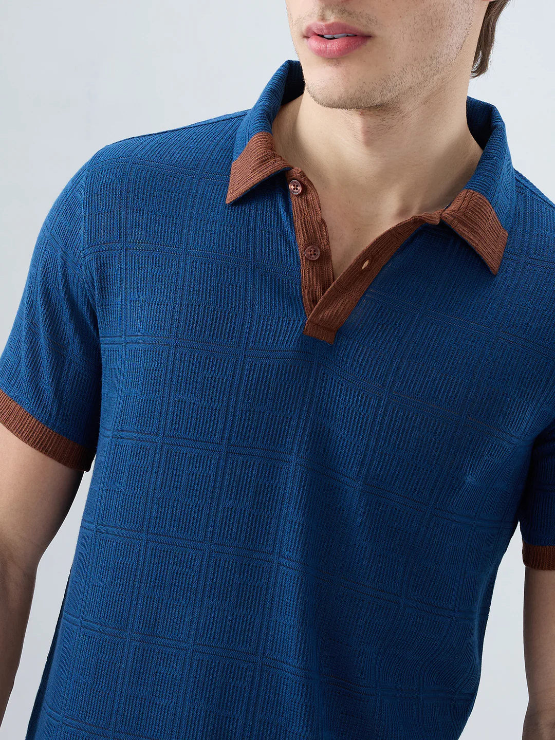Dark Slate Blue Grid Contrast Polo Neck Knit T-shirt - Image 3