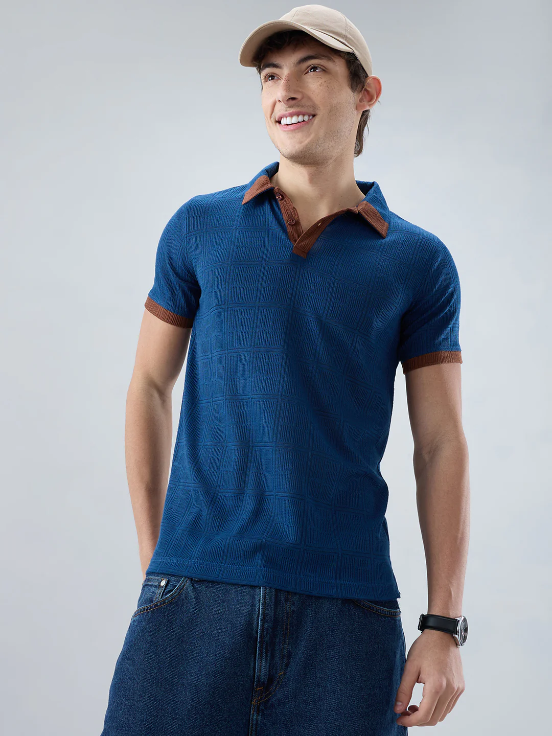 Dark Slate Blue Grid Contrast Polo Neck Knit T-shirt - Image 4