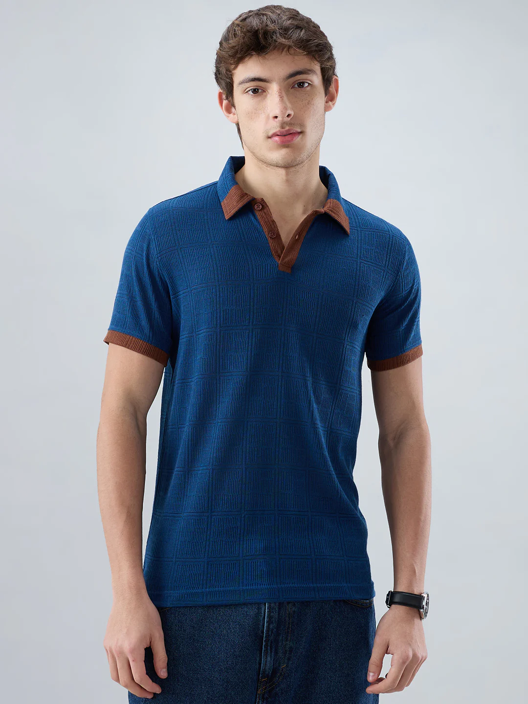 Dark Slate Blue Grid Contrast Polo Neck Knit T-shirt - Image 5