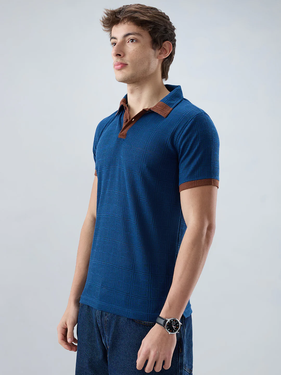 Dark Slate Blue Grid Contrast Polo Neck Knit T-shirt - Image 6