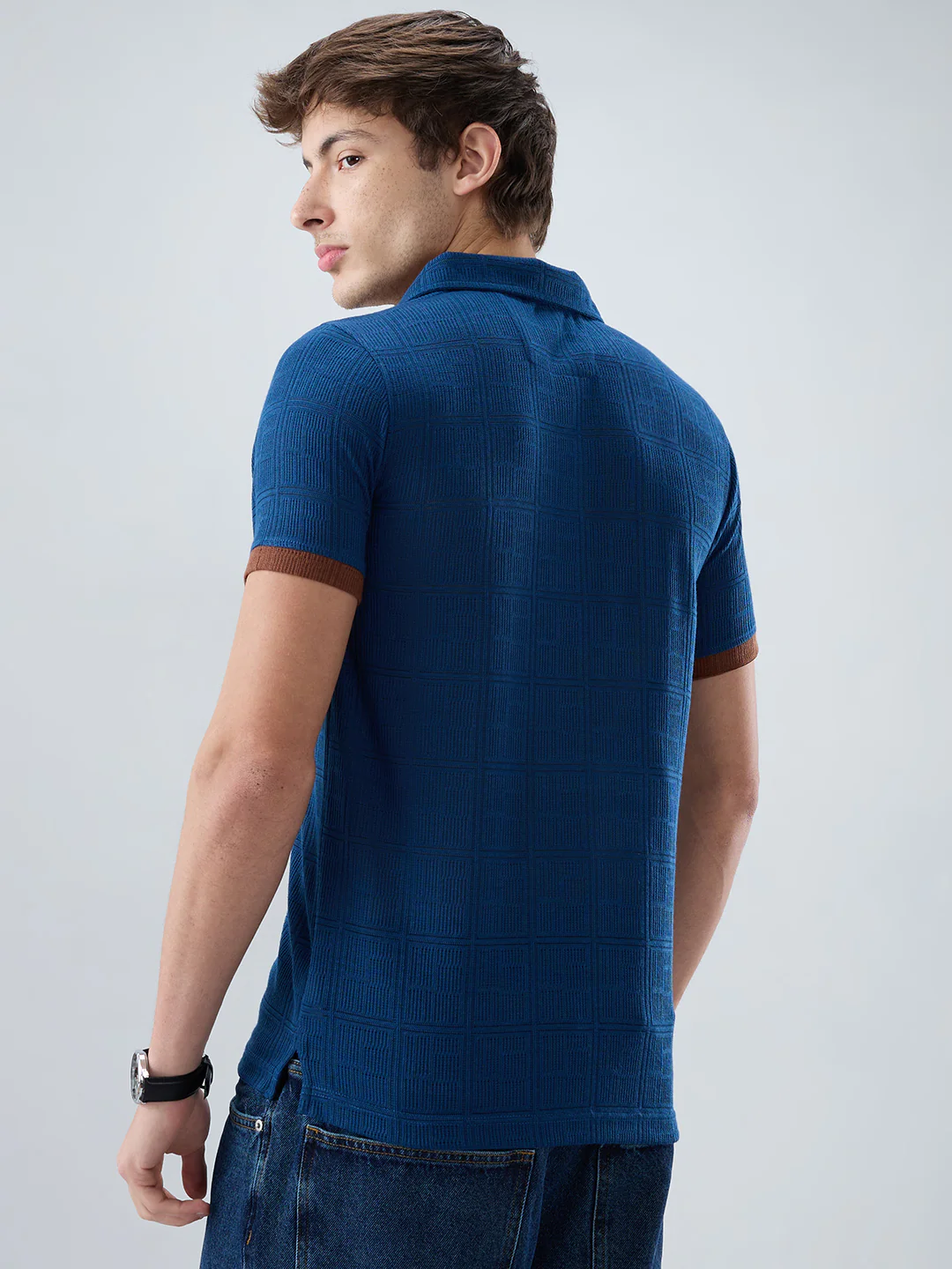 Dark Slate Blue Grid Contrast Polo Neck Knit T-shirt - Image 7