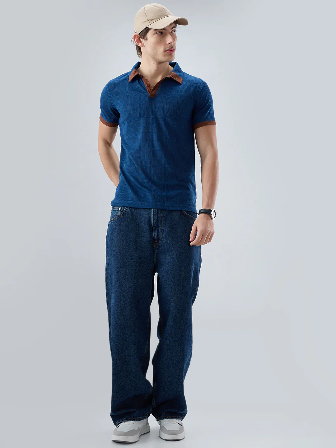 Dark Slate Blue Grid Contrast Polo Neck Knit T-shirt - Image 8