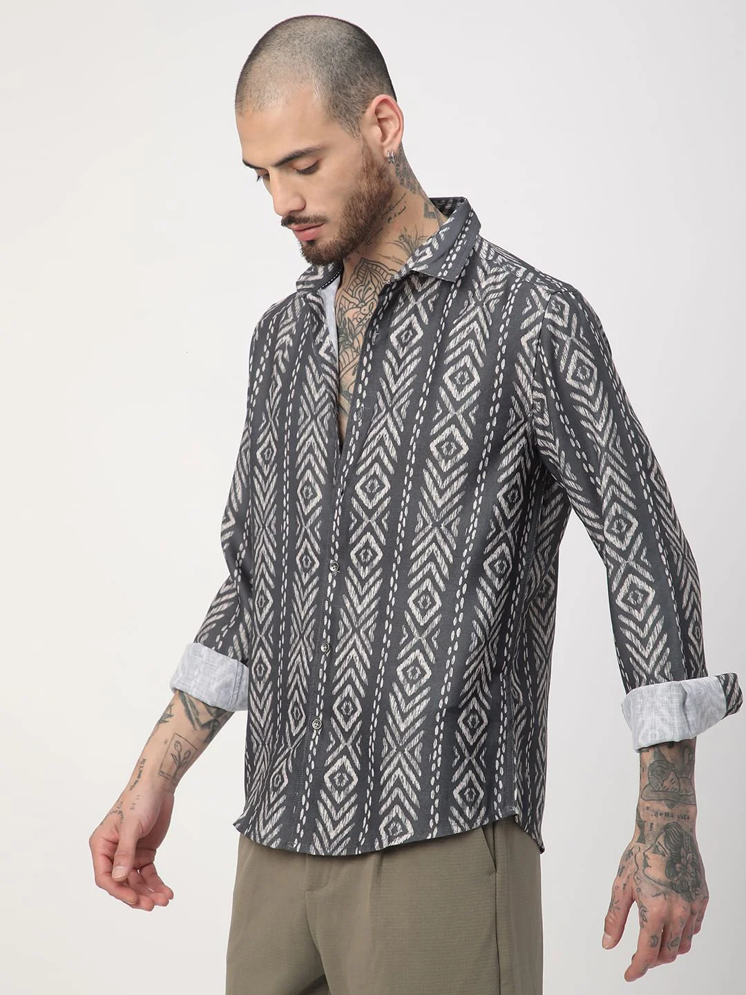 Dark Slate Grey Ikat Printed Shirt - Image 4