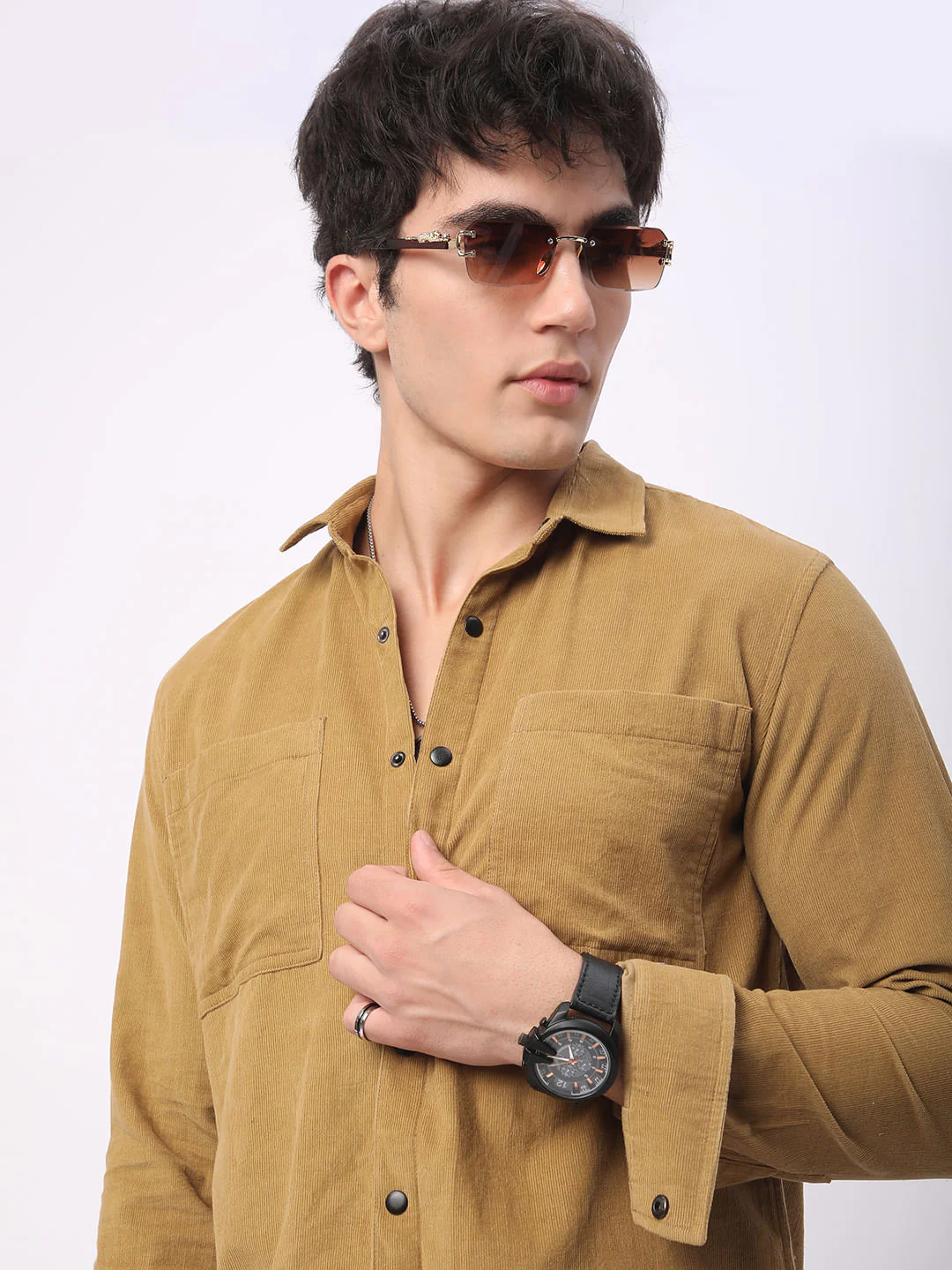 Debonair Khaki Double Pocket Corduroy Overshirt - Image 2
