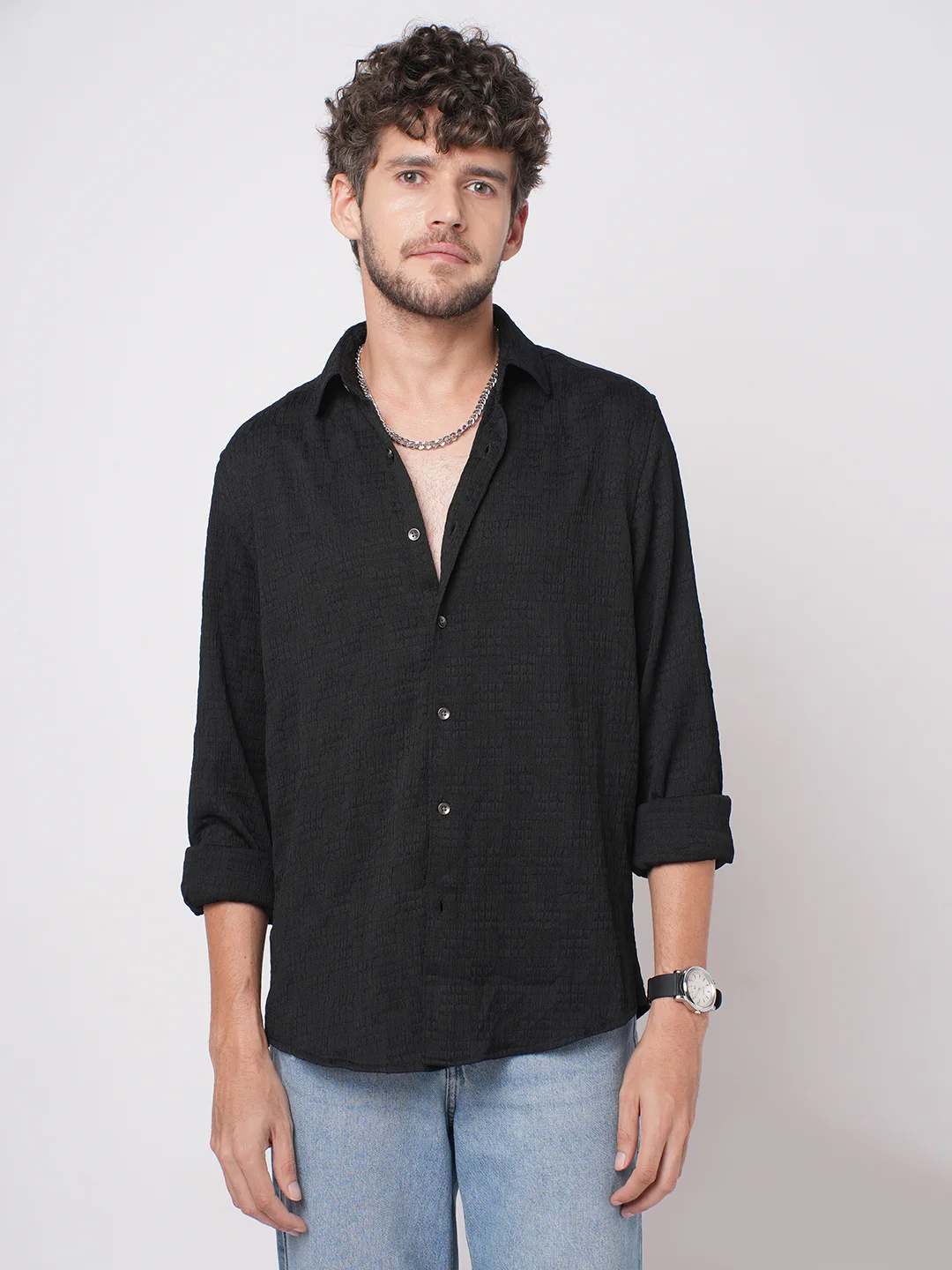 Deep Black Crinkled Textured Shirt - Image 4
