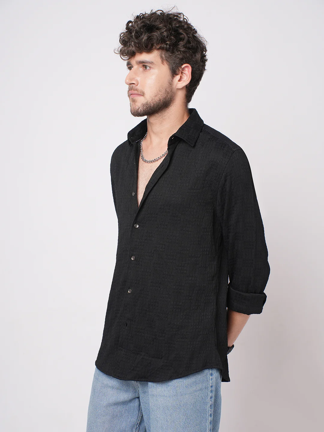 Deep Black Crinkled Textured Shirt - Image 5