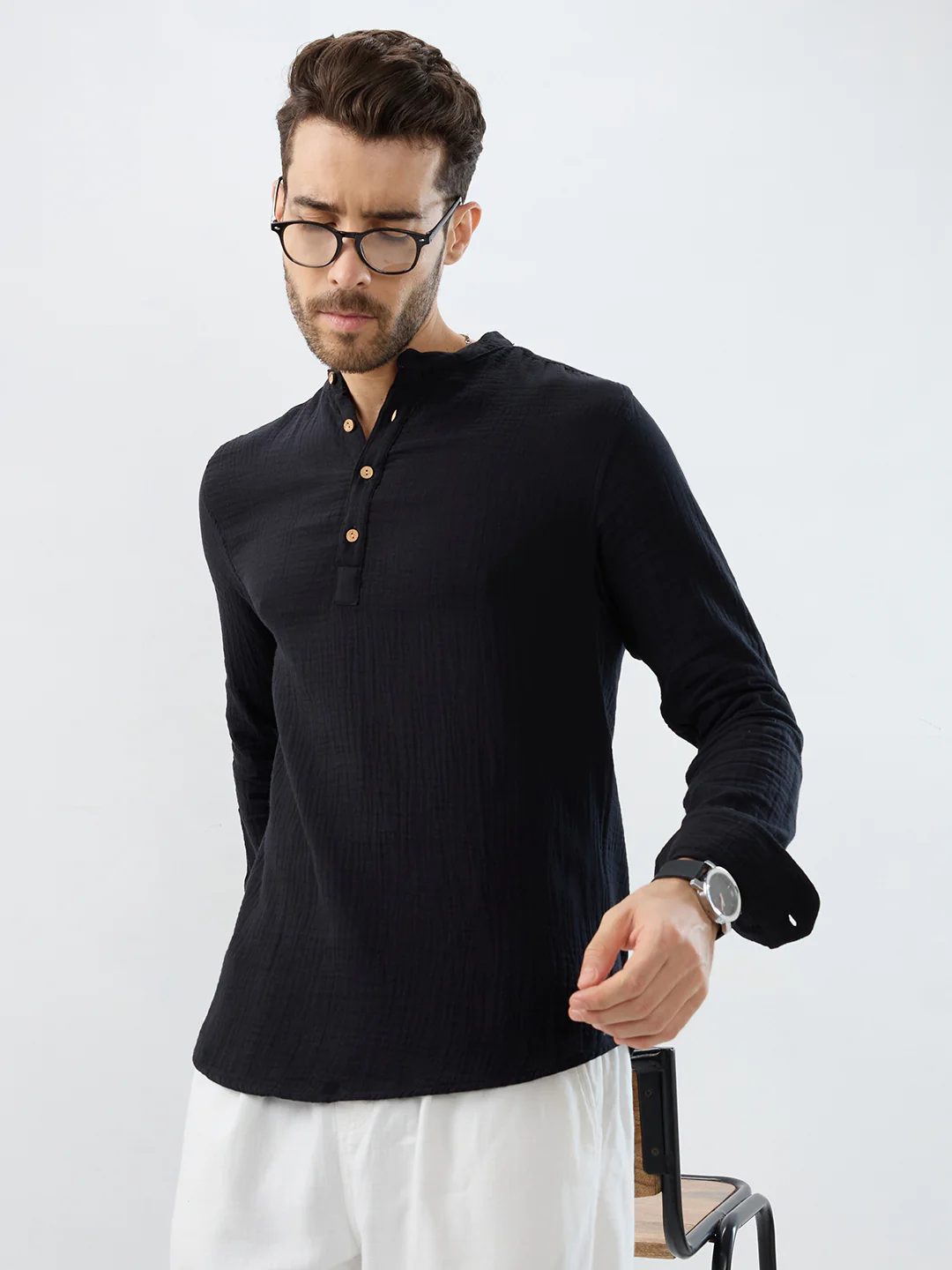 Deep Black Double Cloth Kurta - Image 2