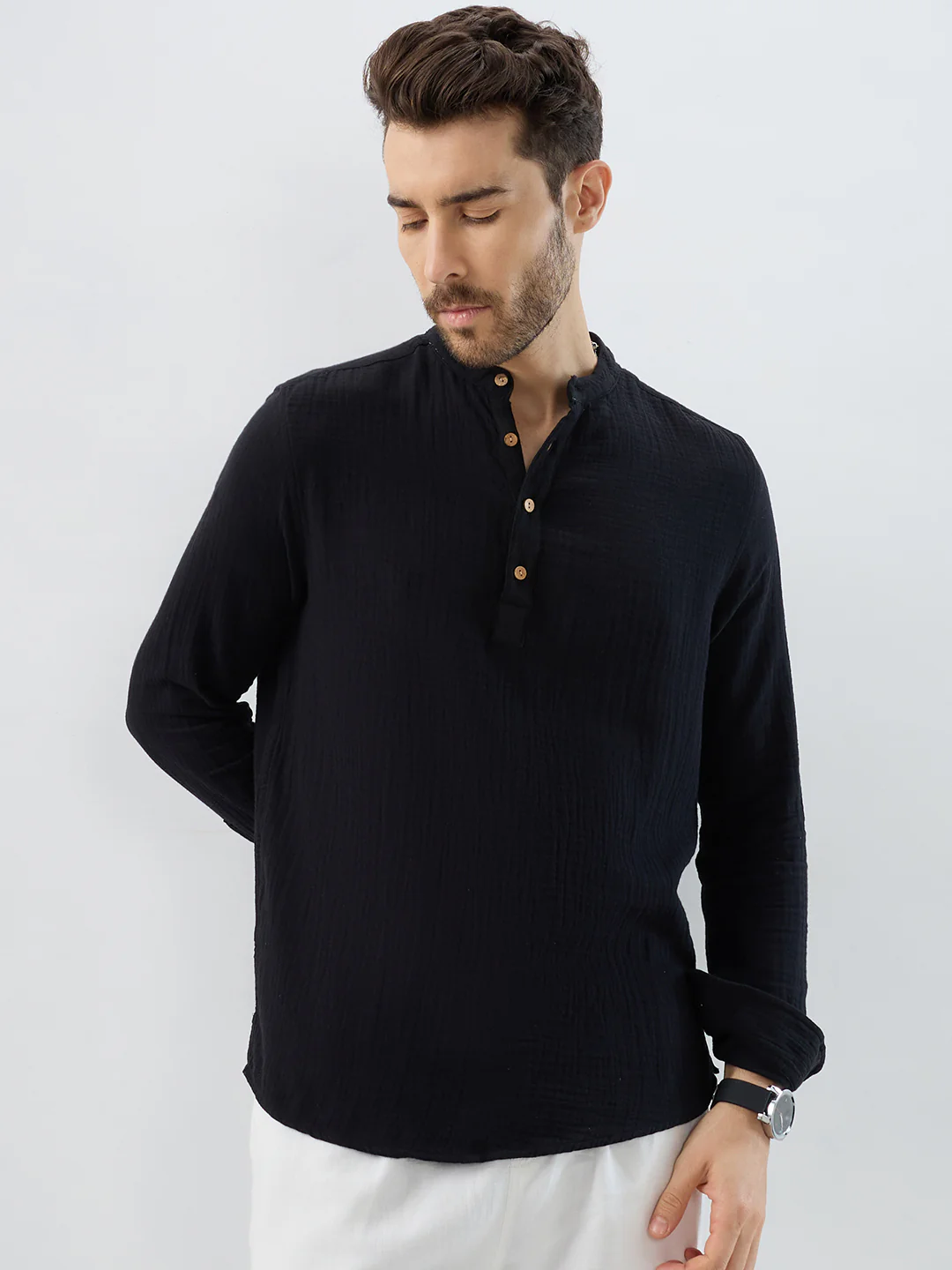 Deep Black Double Cloth Kurta - Image 4
