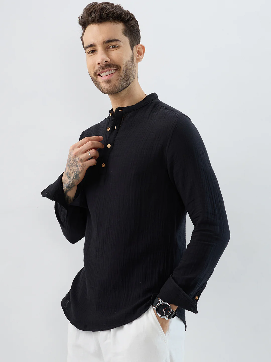Deep Black Double Cloth Kurta - Image 6
