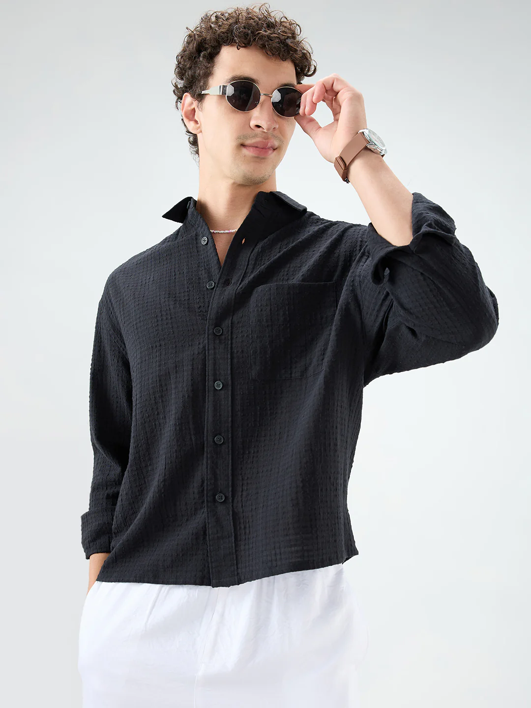 Deep Black Grid Jacquard Weave Boxy Fit Crop Shirt - Image 2