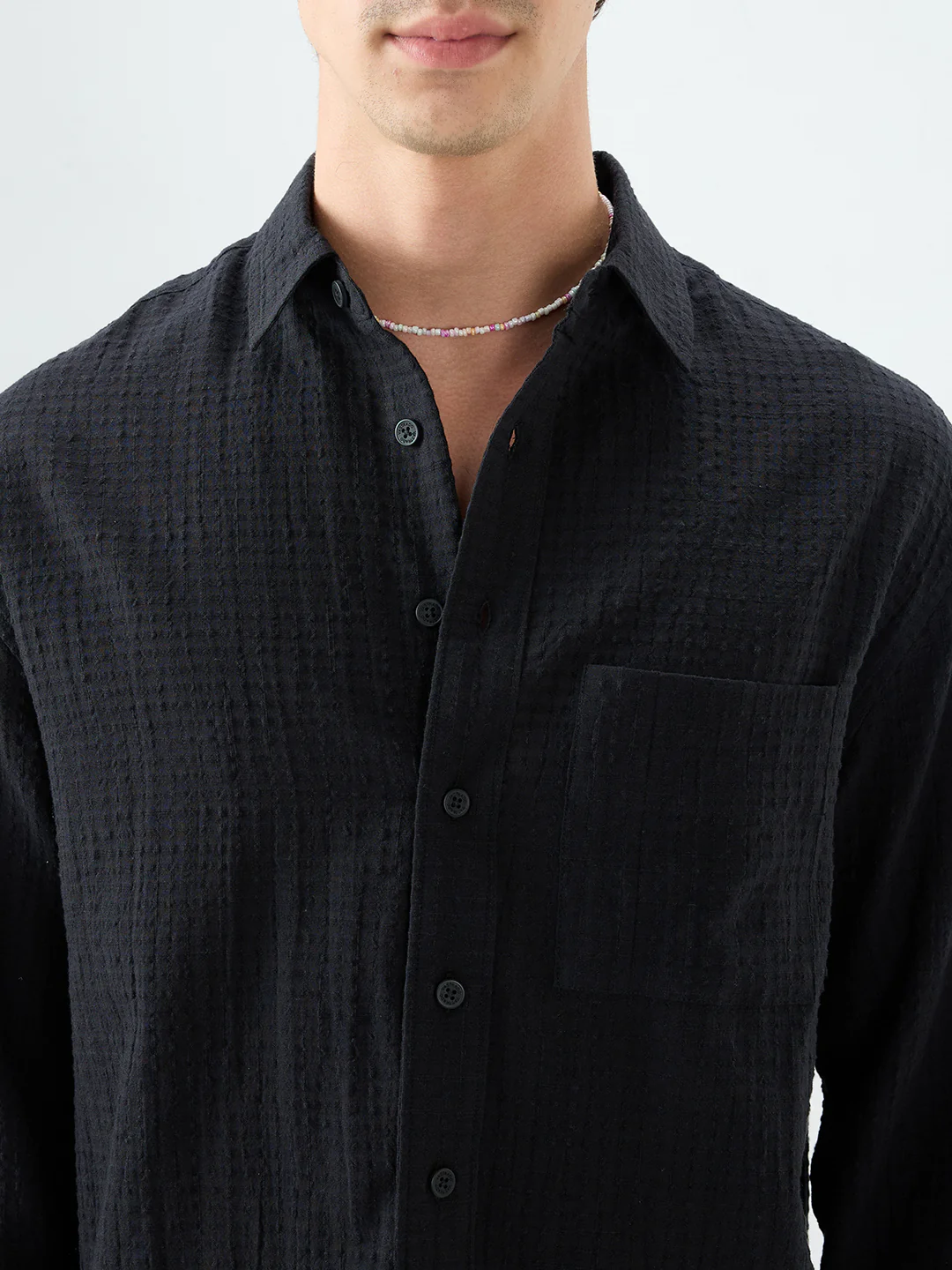 Deep Black Grid Jacquard Weave Boxy Fit Crop Shirt - Image 3