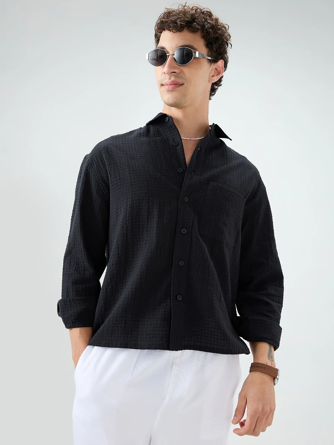 Deep Black Grid Jacquard Weave Boxy Fit Crop Shirt - Image 4