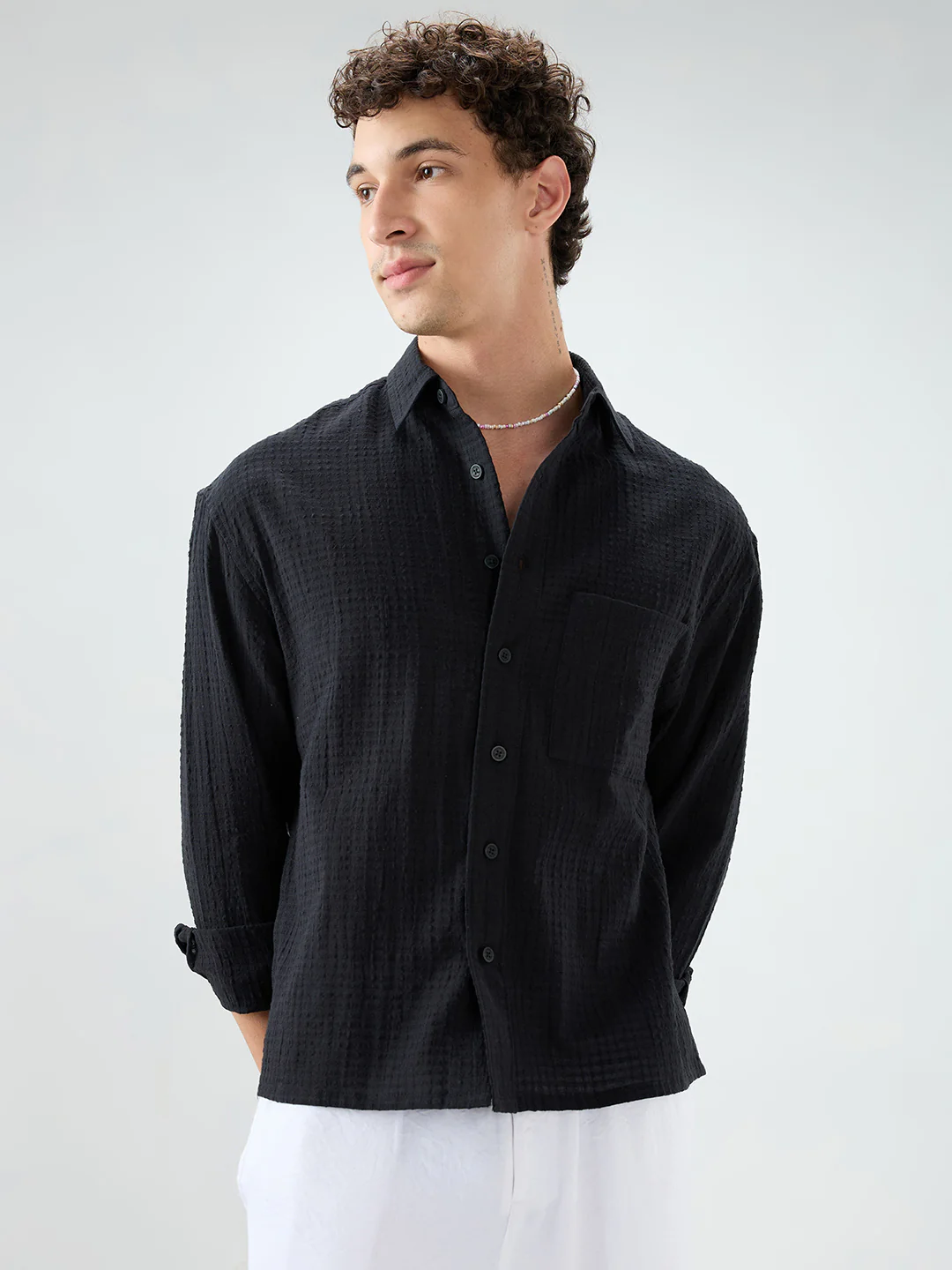 Deep Black Grid Jacquard Weave Boxy Fit Crop Shirt - Image 5