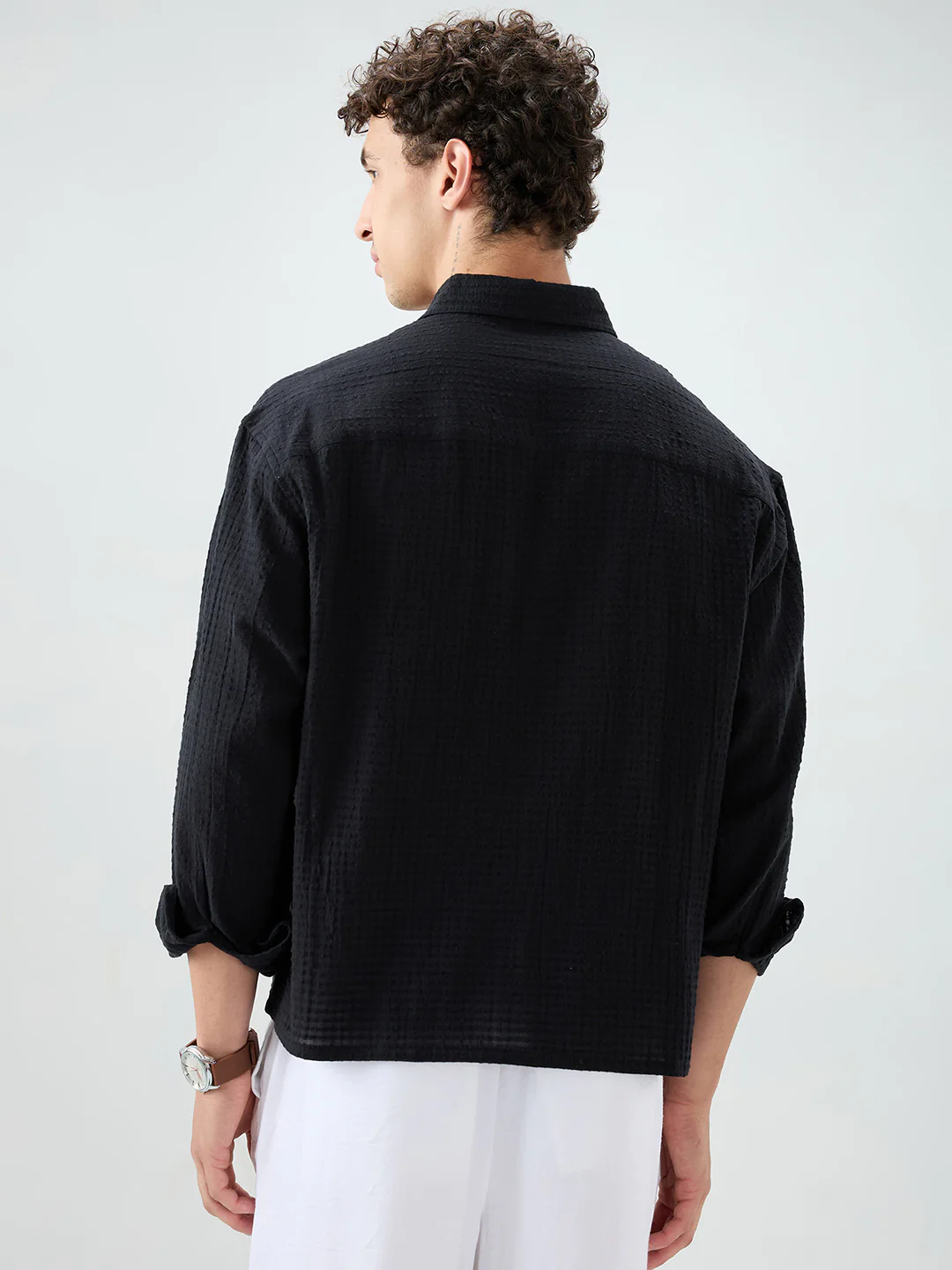 Deep Black Grid Jacquard Weave Boxy Fit Crop Shirt - Image 7