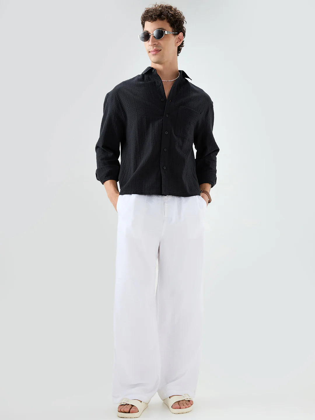 Deep Black Grid Jacquard Weave Boxy Fit Crop Shirt - Image 8