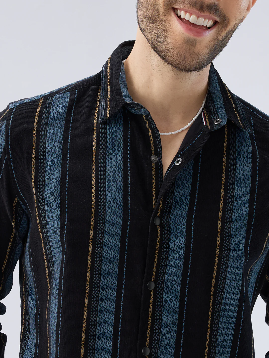 Deep Blue Embellished Corduroy Striped Shirt - Image 3