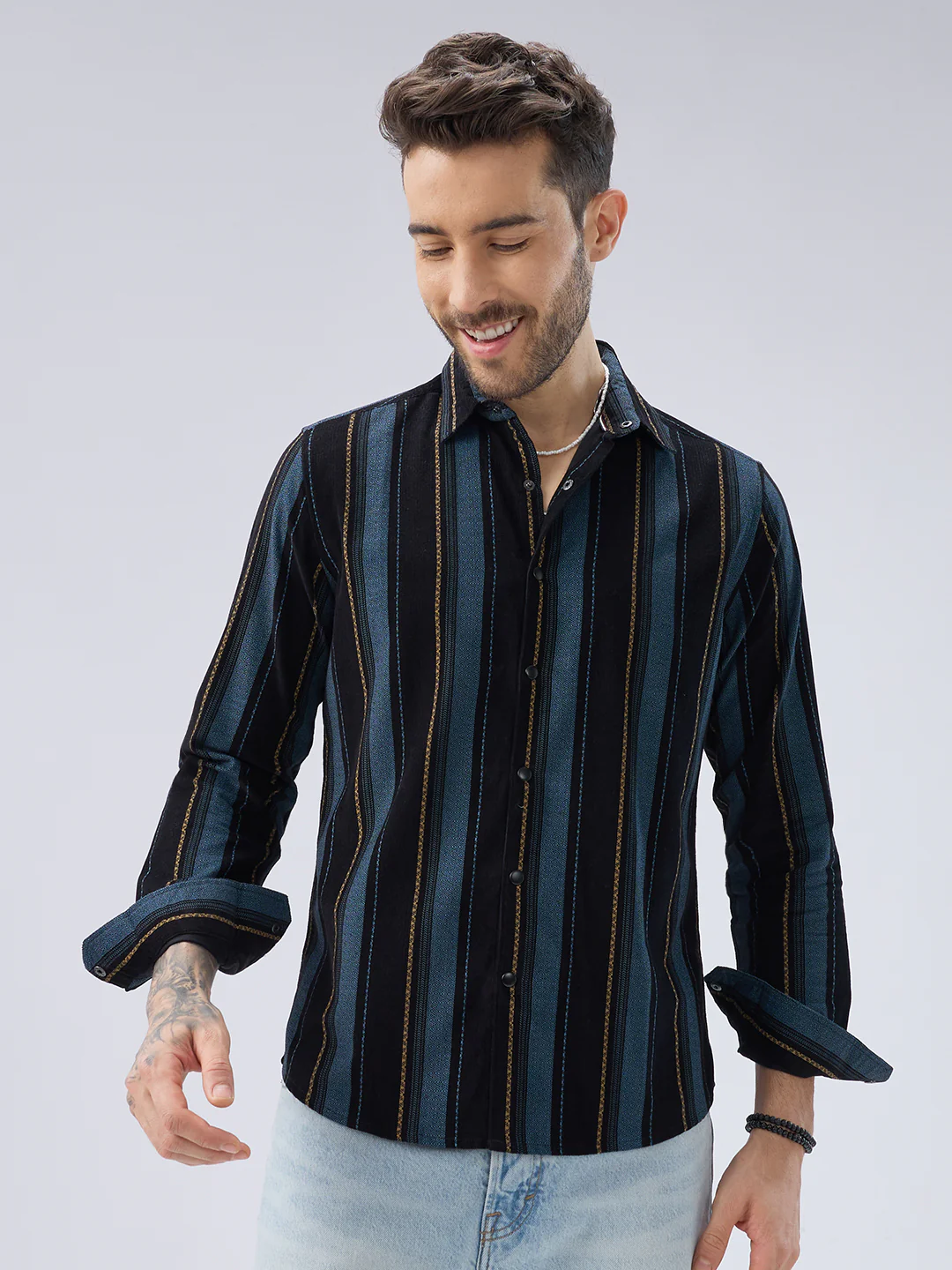 Deep Blue Embellished Corduroy Striped Shirt - Image 4