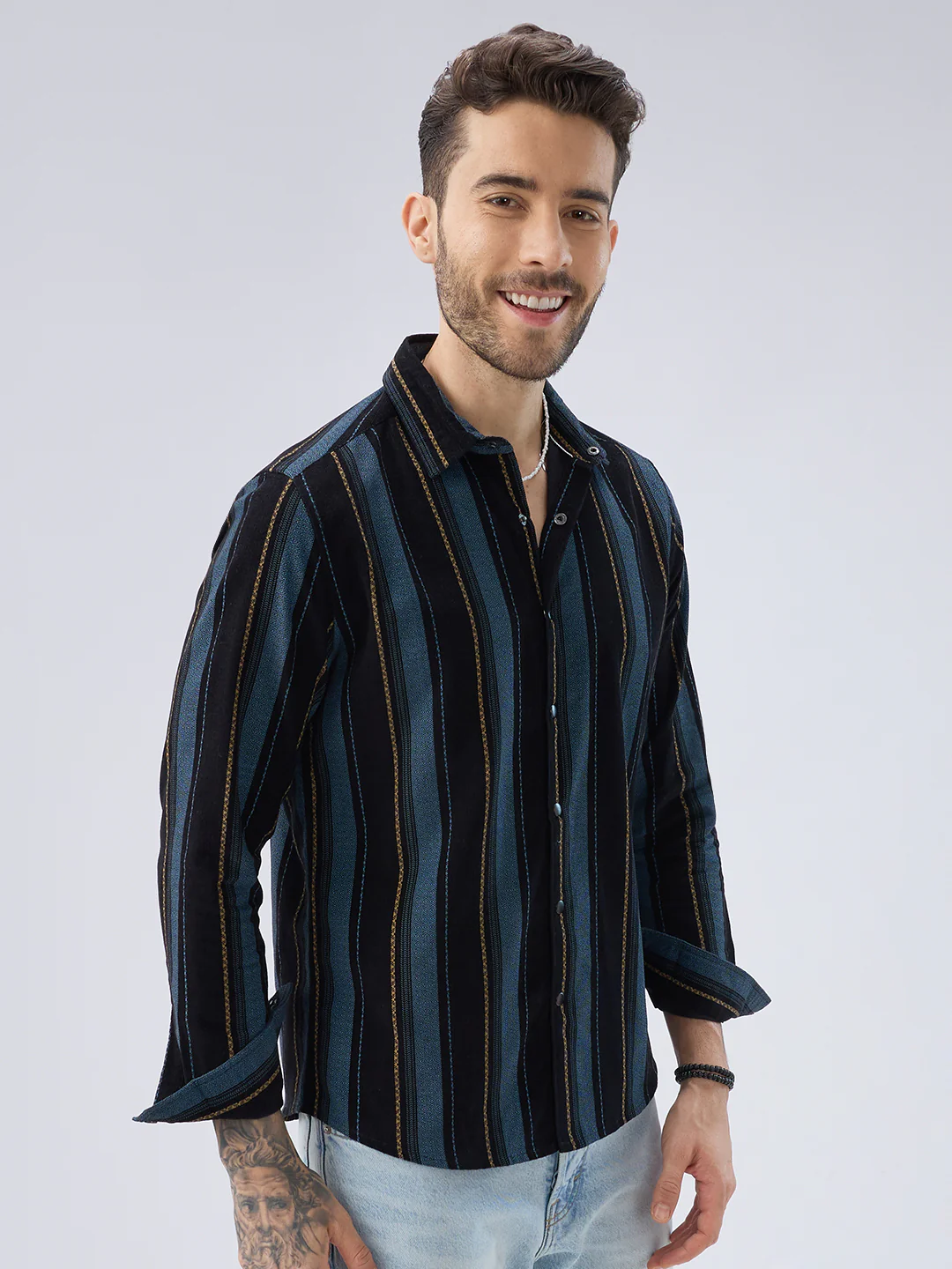 Deep Blue Embellished Corduroy Striped Shirt - Image 5