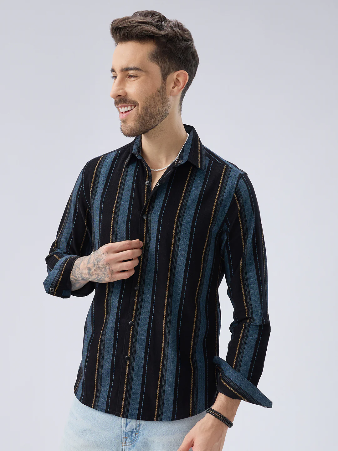 Deep Blue Embellished Corduroy Striped Shirt - Image 6