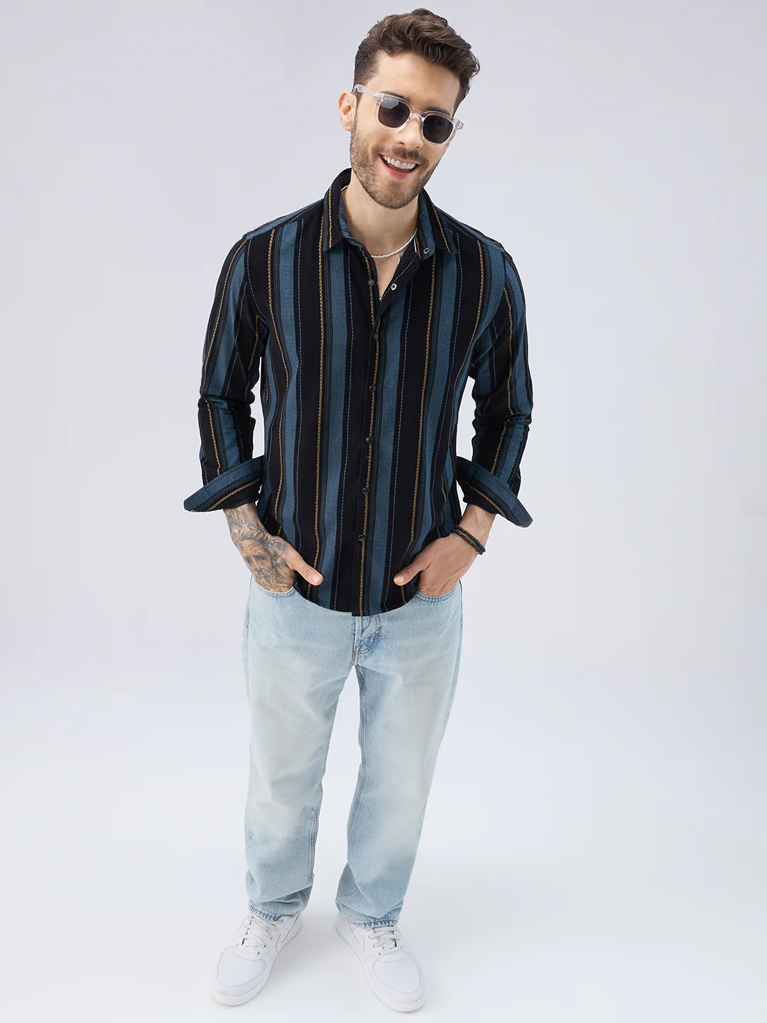 Deep Blue Embellished Corduroy Striped Shirt - Image 7