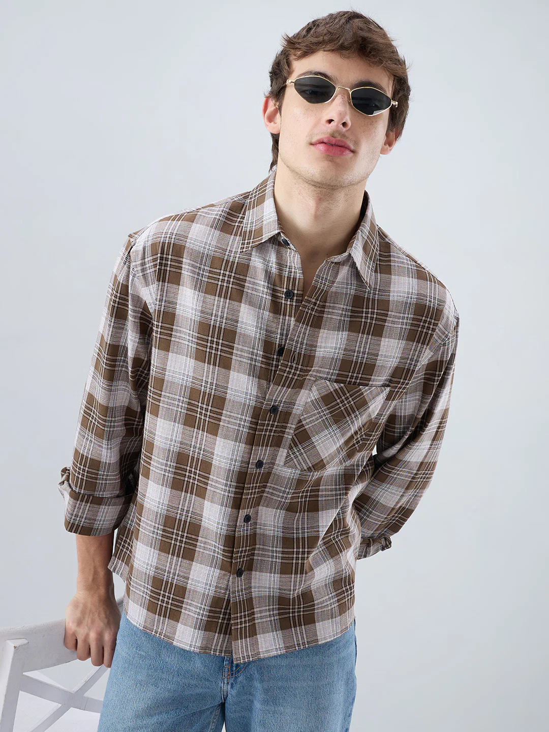 Deep Brown & White Plaid Checks Boxy Fit Crop Shirt - Image 2