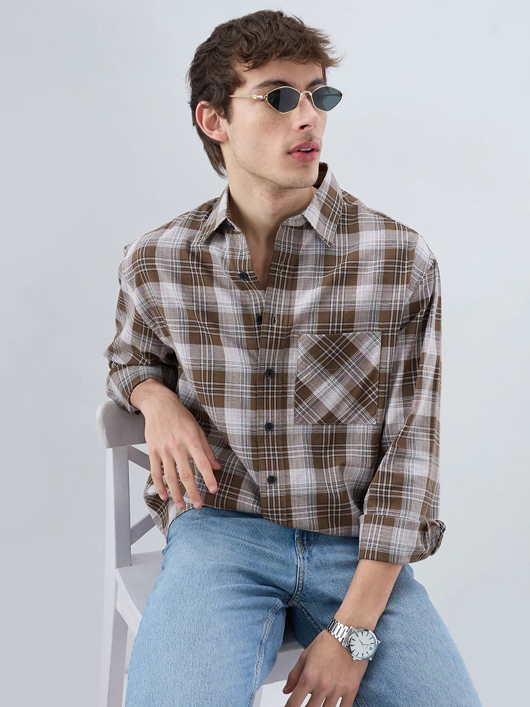 Deep Brown & White Plaid Checks Boxy Fit Crop Shirt - Image 4