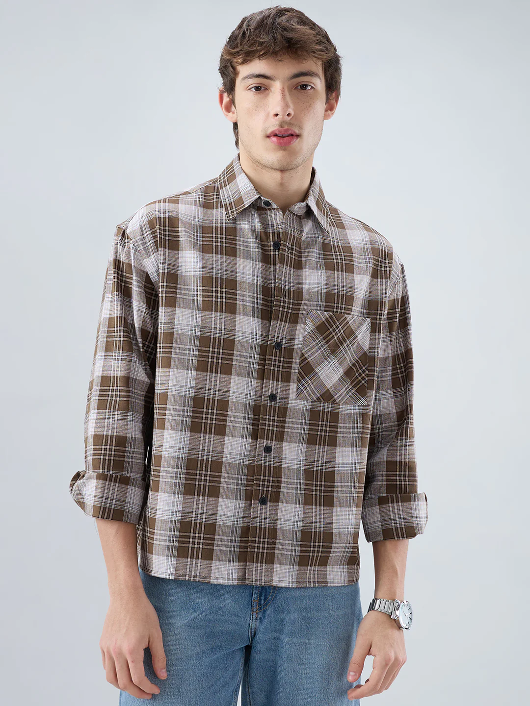 Deep Brown & White Plaid Checks Boxy Fit Crop Shirt - Image 5