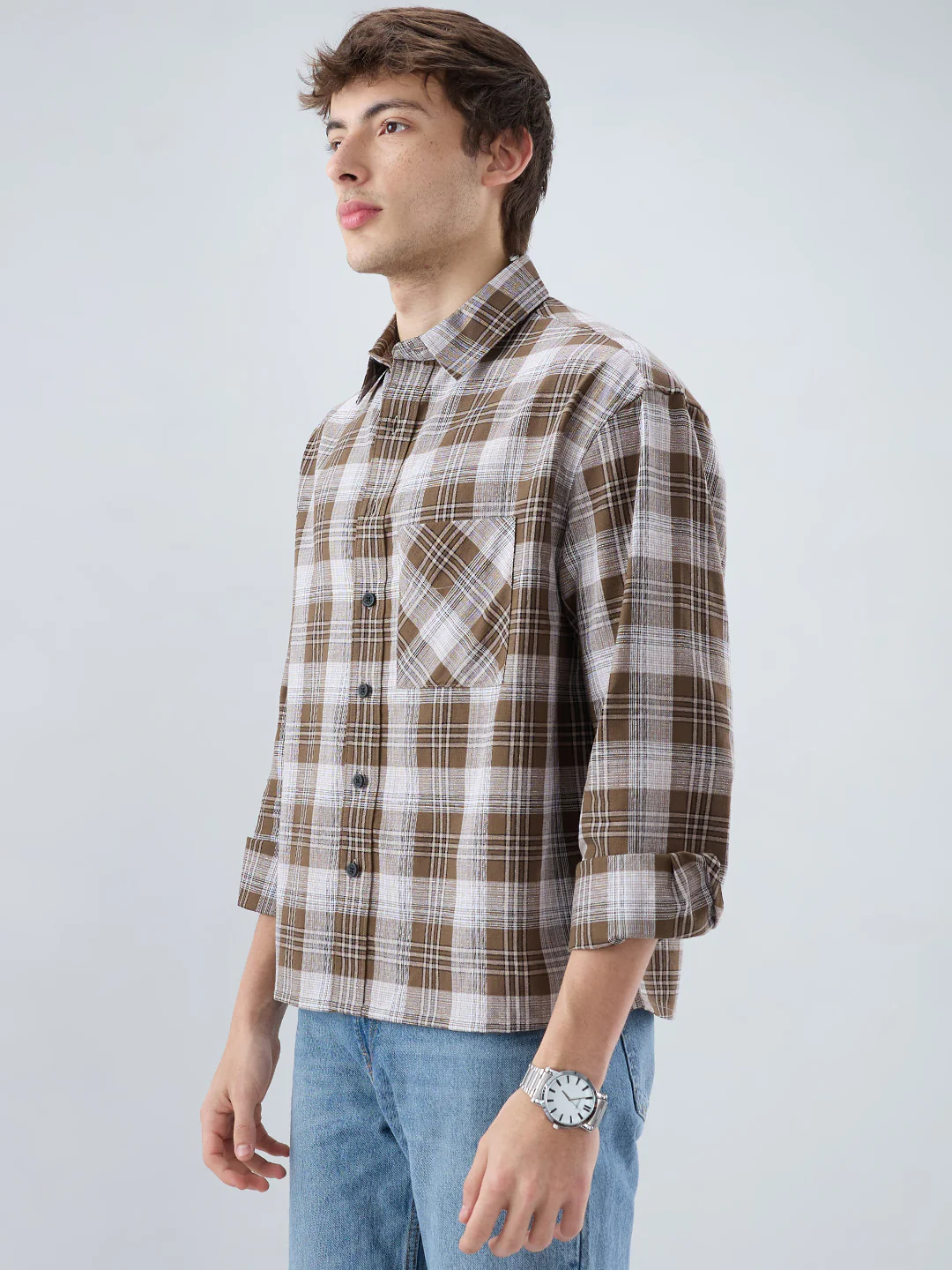 Deep Brown & White Plaid Checks Boxy Fit Crop Shirt - Image 6