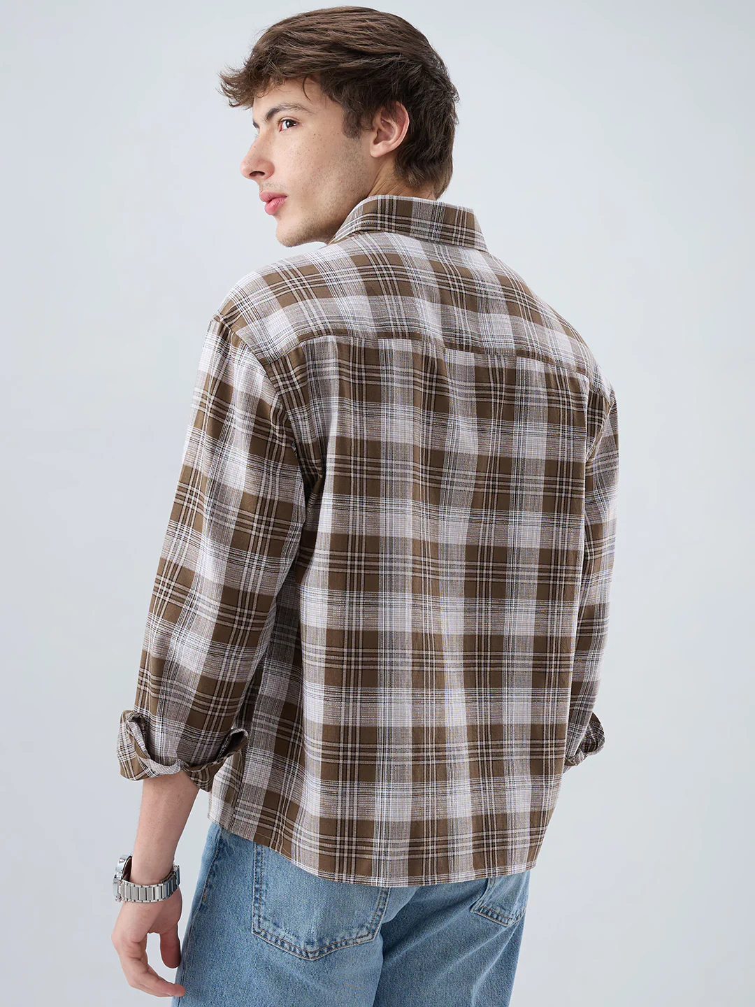 Deep Brown & White Plaid Checks Boxy Fit Crop Shirt - Image 7