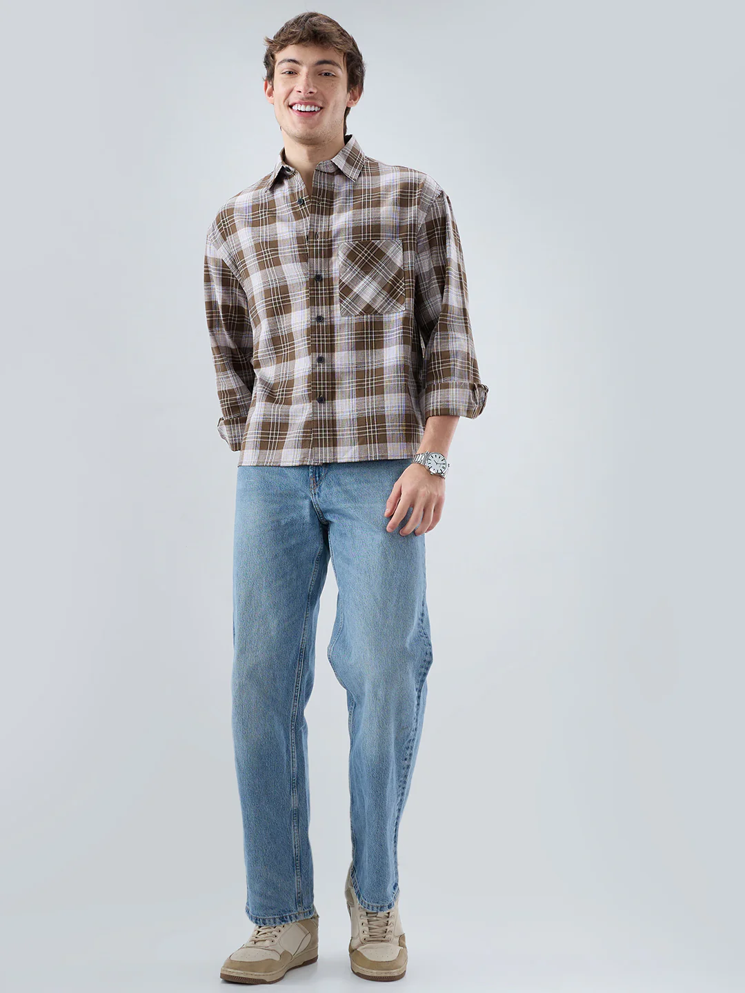 Deep Brown & White Plaid Checks Boxy Fit Crop Shirt - Image 8