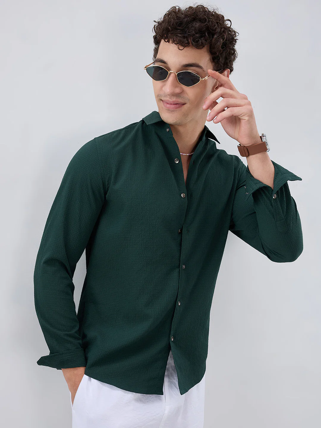 Deep Forest Green Minimal Weave Crinkled Shirt - Image 2