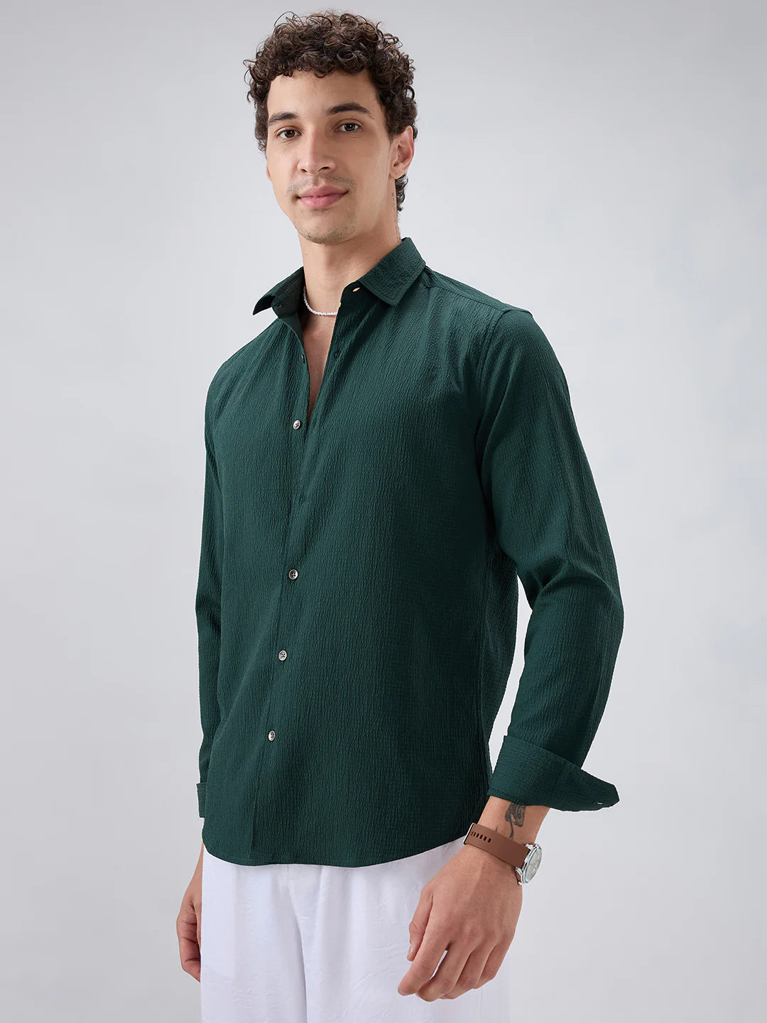 Deep Forest Green Minimal Weave Crinkled Shirt - Image 6