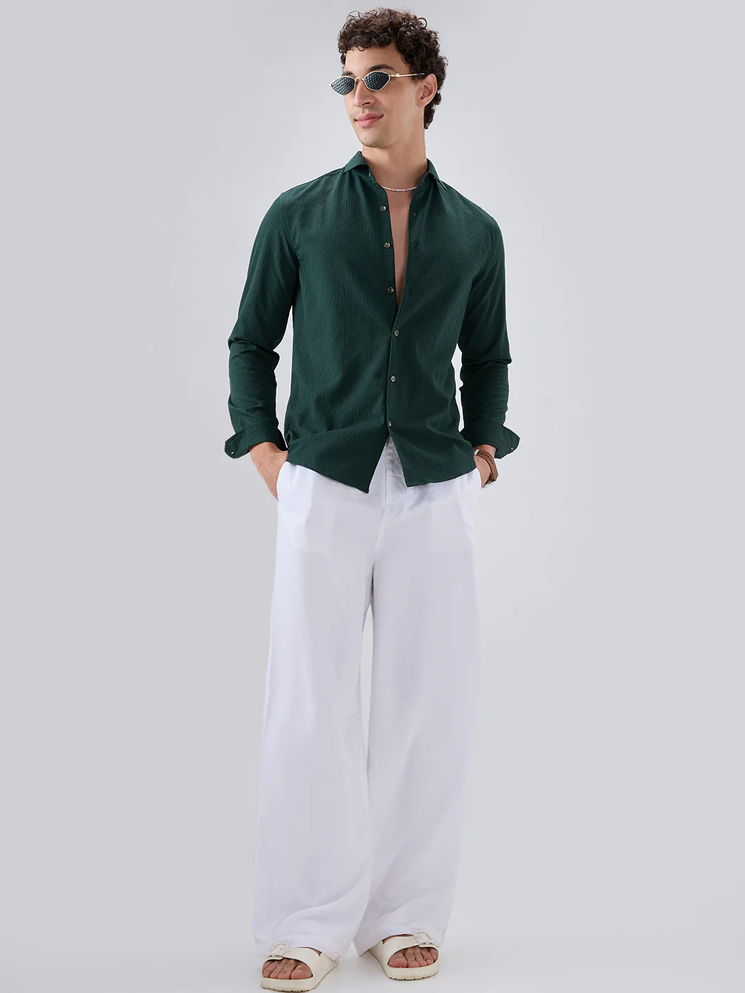 Deep Forest Green Minimal Weave Crinkled Shirt - Image 8