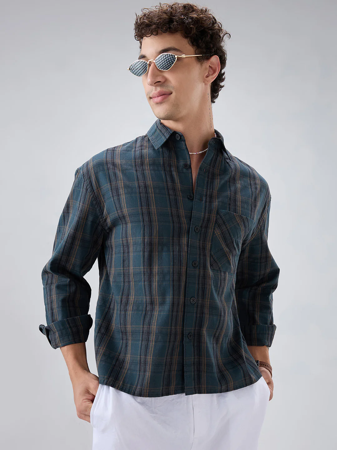 Deep Forest Green Plaid Checks Melange Boxy Fit Crop Shirt - Image 2