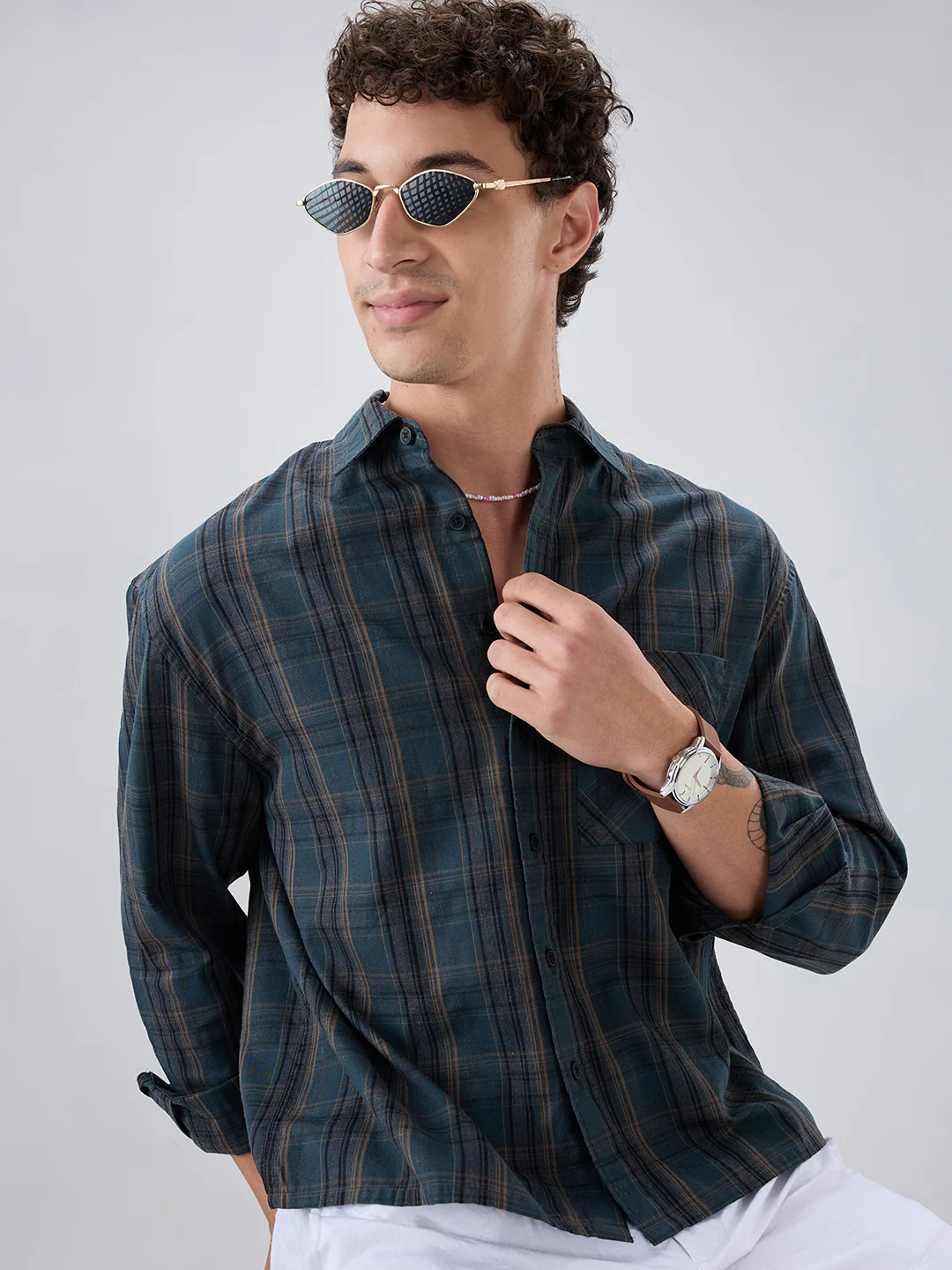 Deep Forest Green Plaid Checks Melange Boxy Fit Crop Shirt - Image 4