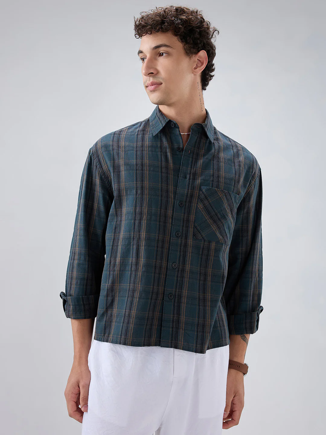 Deep Forest Green Plaid Checks Melange Boxy Fit Crop Shirt - Image 5