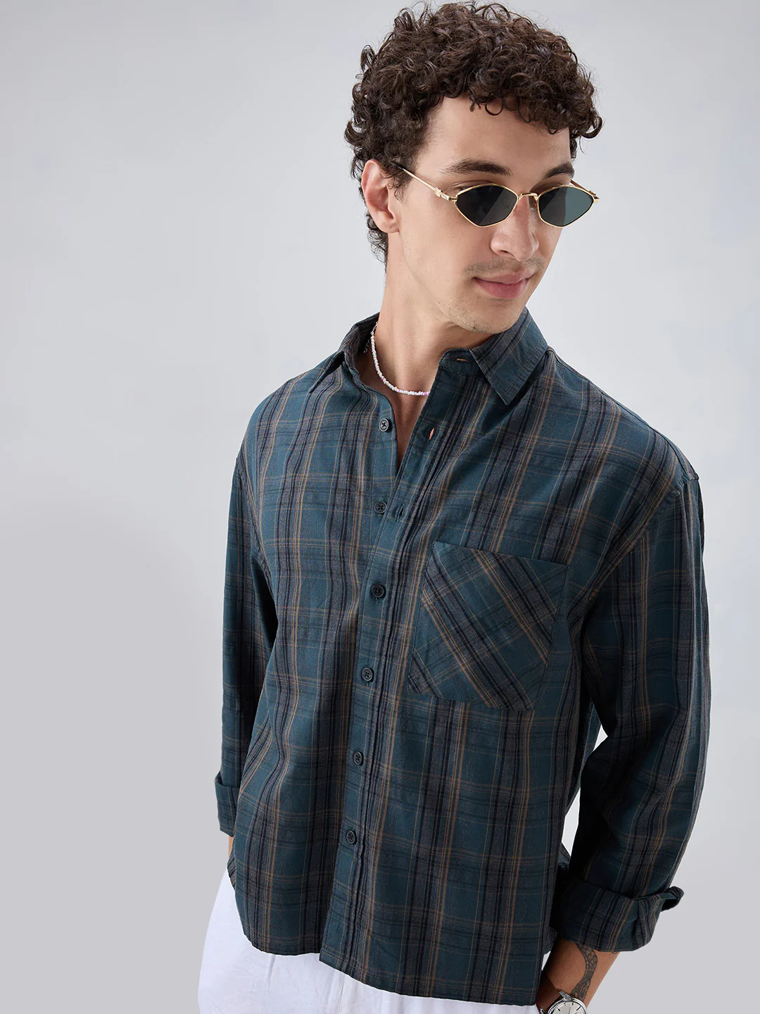 Deep Forest Green Plaid Checks Melange Boxy Fit Crop Shirt - Image 6