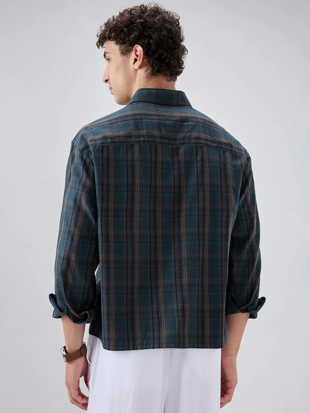 Deep Forest Green Plaid Checks Melange Boxy Fit Crop Shirt - Image 7