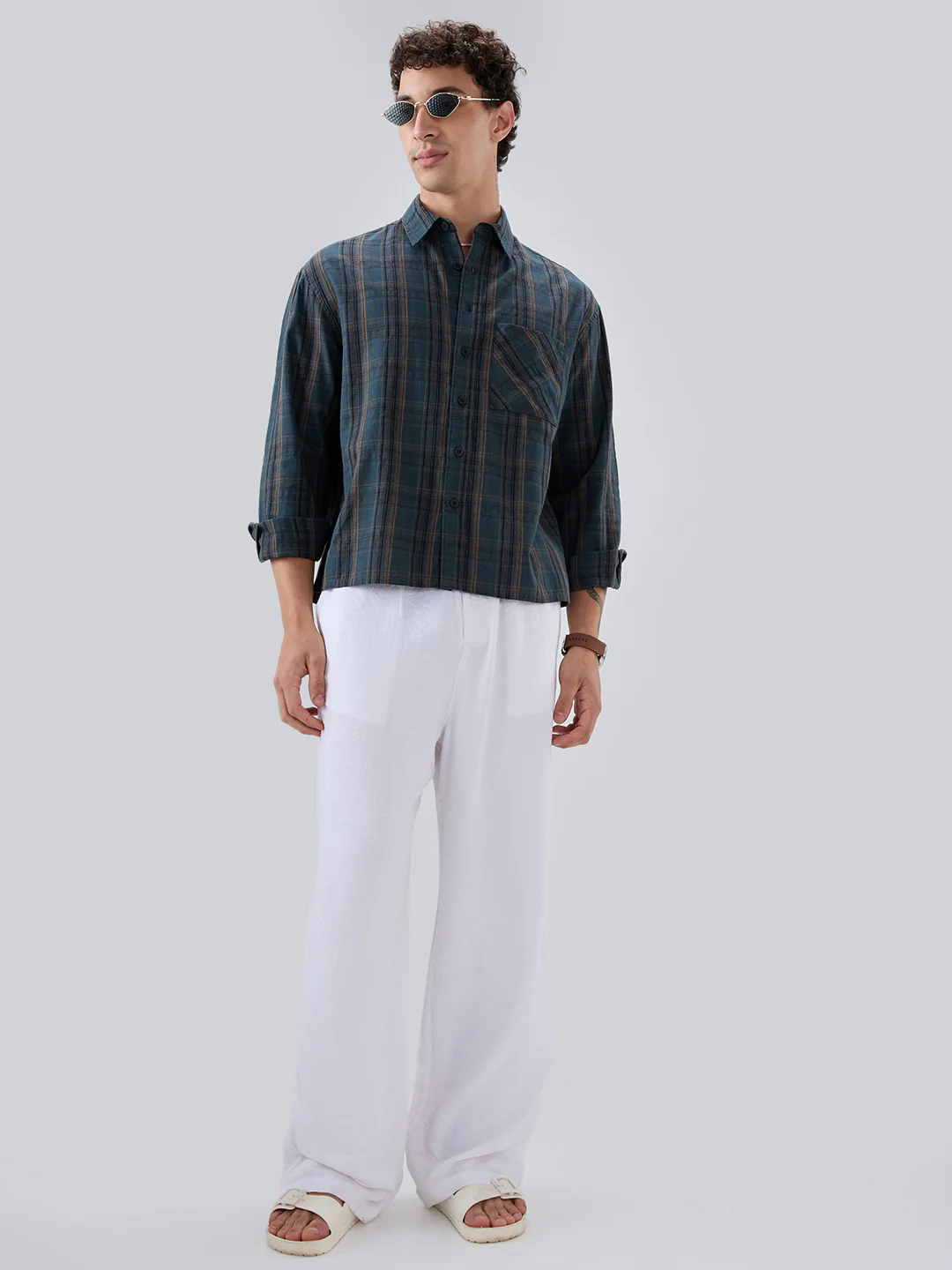 Deep Forest Green Plaid Checks Melange Boxy Fit Crop Shirt - Image 8