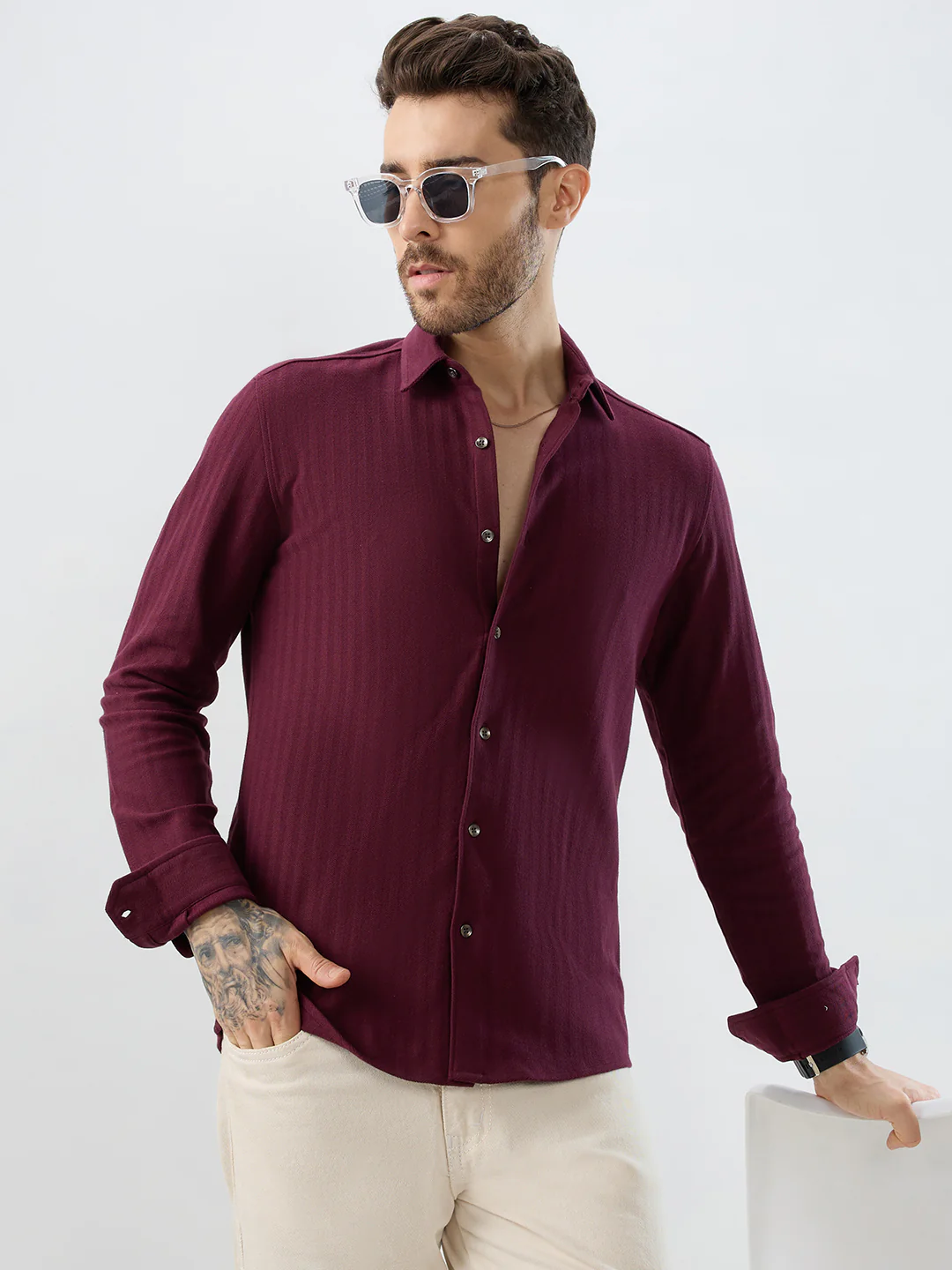 Deep Maroon Herringbone Knit Shirt - Image 2