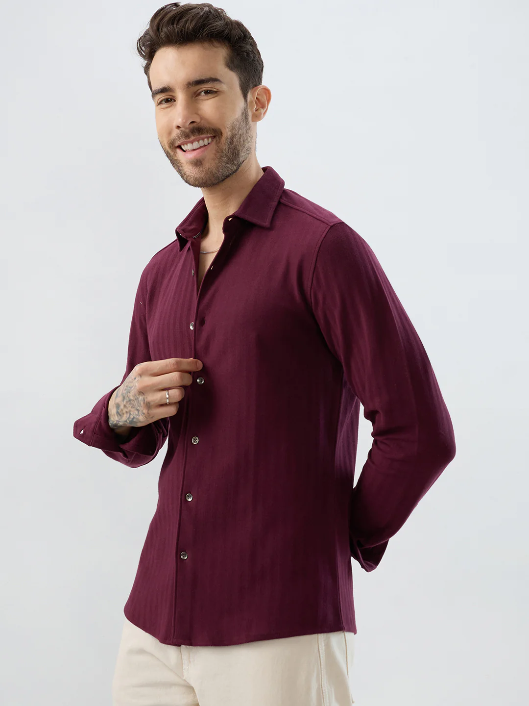 Deep Maroon Herringbone Knit Shirt - Image 6
