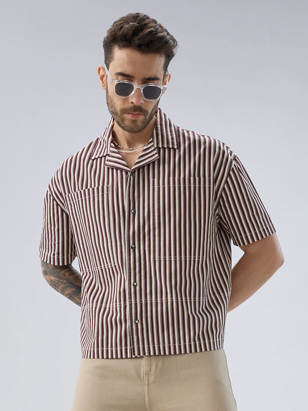 Deep Maroon & Ivory Striped Twin Pocket Oversized Crop Shirt - Image 4