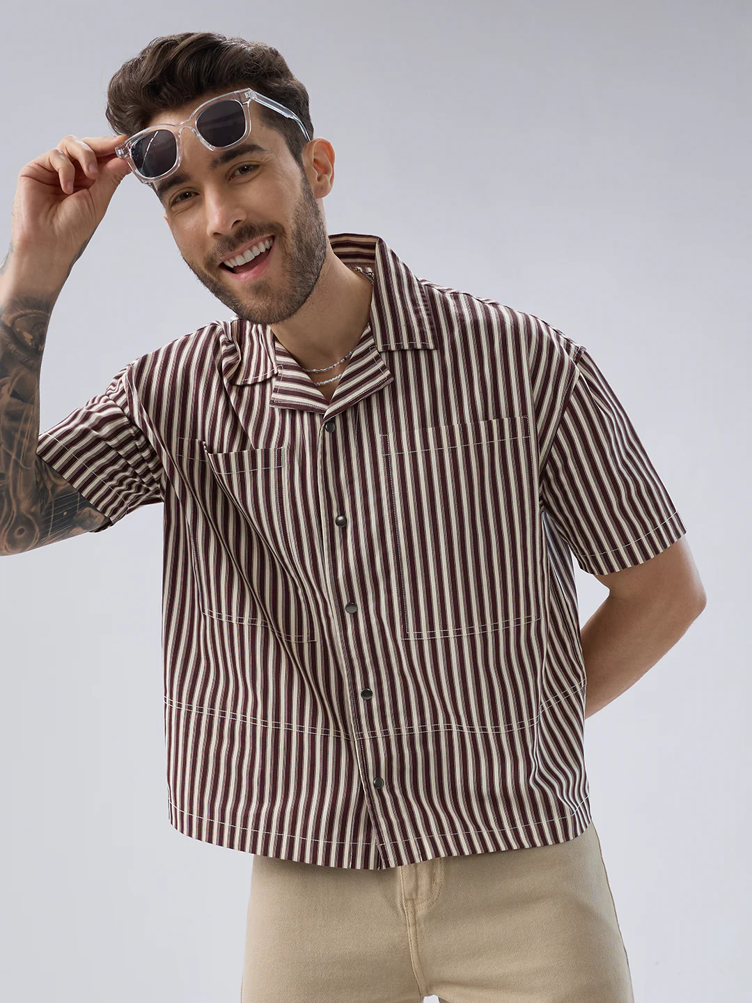 Deep Maroon & Ivory Striped Twin Pocket Oversized Crop Shirt - Image 5