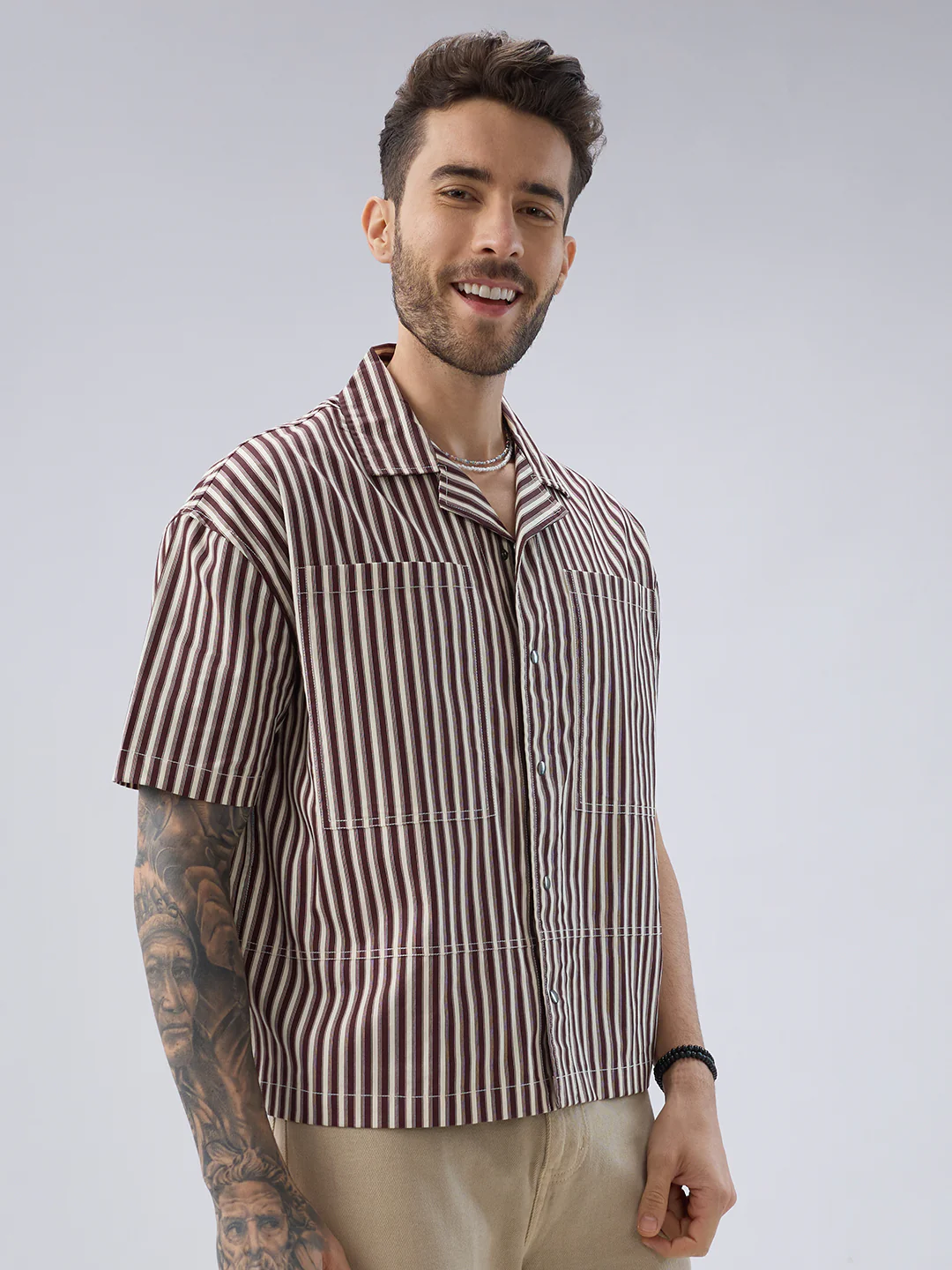 Deep Maroon & Ivory Striped Twin Pocket Oversized Crop Shirt - Image 6