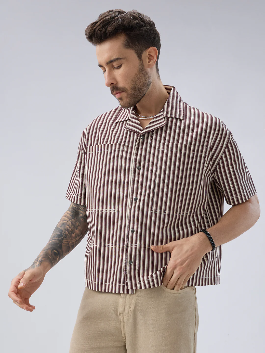 Deep Maroon & Ivory Striped Twin Pocket Oversized Crop Shirt - Image 7